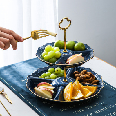 Creative Handle Double-Layer Compartment Tray Ceramic Fruit Plate Household Living Room Coffee Table Fruit Plate Dried Fruit Tray New Year Goods Candy Plate