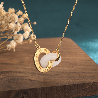 Design Ancient Gold Synthetic Hetian Jade Ring White Jade National Fashion Jade Pendant Female Clavicle Chain Necklace