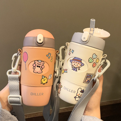 Children's Thermos Mug Drop-Resistant with Straw Cute Creative Cute Cup Primary School Kindergarten Cup Portable Women's Small