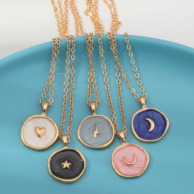 and America Cross Border Necklace Exquisite Fashion Alloy Dripping Oil Star and Moon Necklace Double-Layer Pendant