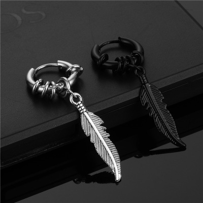 American Stainless Steel Coil Earrings Feather Studs Hipster Street Hong Kong Style Hip Hop Earrings Fashion Retro Ear