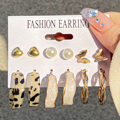 Retro C- Shaped Earrings Suit 6 Pairs of Creative Personality Dripping Oil Leopard Print Earrings Love Butterfly Studs