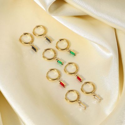 New 14K Gold Plated Transparent Zircon Hoop Earrings Stainless Steel Square Green Red Pendant Earrings Jewelry Women