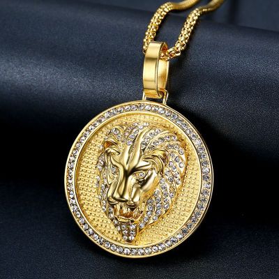 Border New Hip Hop Hiphop Ornament Titanium Steel Color-Retaining Gold-Plated Rhinestone Lion's Head Pendant Necklace