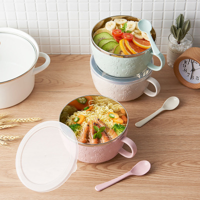Maixiang Relief Instant Noodle Bowl Small round Stainless Steel Insulated Rice Bowl Single-Side Handle Anti-Scald Transparency Cover