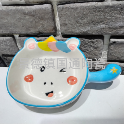 Cartoon Bowl and Dish Ceramic Handle Milk Pot Rice Bowl Soup Bowl Dumpling Plate Pizza Plate Tray Kitchen Supplies