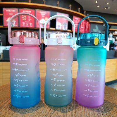 Fashion Minimalism Double Drink Straw Plastic Cup Outdoor Sports Cup Gradient Color English Portable Sports Bottle