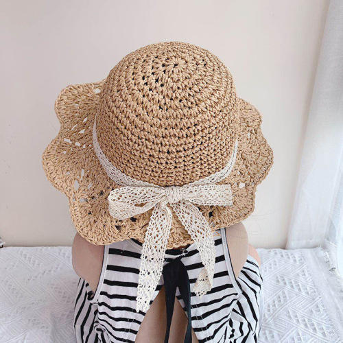 big brim bowknot children‘s straw hat stall popular baby girl beach hat yiwu handmade hollow lace sun protection hat