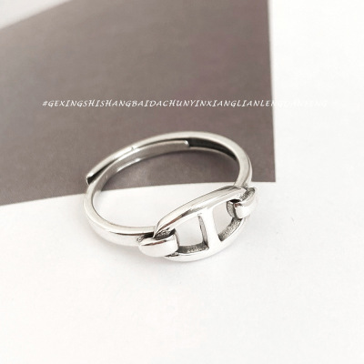 Retro Geometric Ellipse Ring 925 Silver Pig Nose Ring South Korea Dongdaemun Female Open Silver Ring Jewelry
