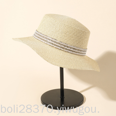 British Summer Travel Sun-Proof Sun Hat Wide Brim All-Match Rhinestone Casual Sun Hat Flat Top Beach Straw Hat