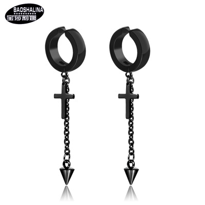 Baosalina Korean Style Black Punk Earrings Men's Non-Allergic Earrings Titanium Steel Ear Clips Cross Stud Earrings