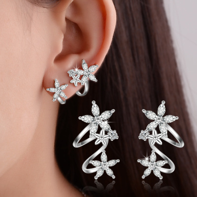 Korean Sweet Lady Flower Earring Curved Ear Clip Zircon Ear Studs Temperament Earrings Eardrops