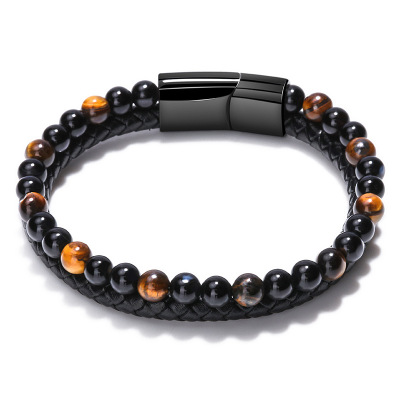 Volcanic Natural Stone Tiger Eye Beaded Bracelet Men's Cowhide String Agate Bracelets European and American Hand Jewelry