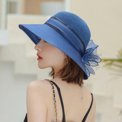 Hat Manufacturer Female Summer Organza Wide Brim Stitching Sun Hat Flower Fashion Sun Hat Vacation Beach Hat Tide