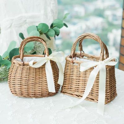 Rattan Basket Handbag Korean Woven Vegetable Basket Cloth Lining Wicker New Women's Bag Ins Same Style Summer Bamboo Woven