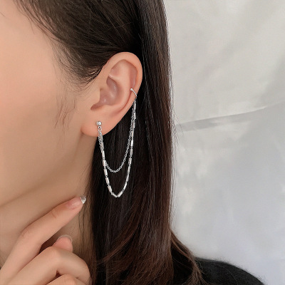 Cat Ning Ins Design Double-Layer Earrings Ear Clip Chain Small Square Tassel Earrings One-Piece Long Women's Earrings