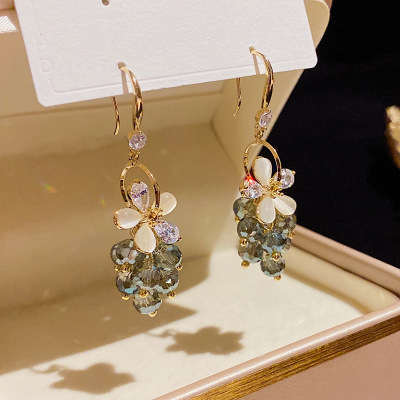 and Fashionable Mild Luxury Retro Opal Flower Crystal Ear Hook Female Online Influencer Unique Slimming Earrings