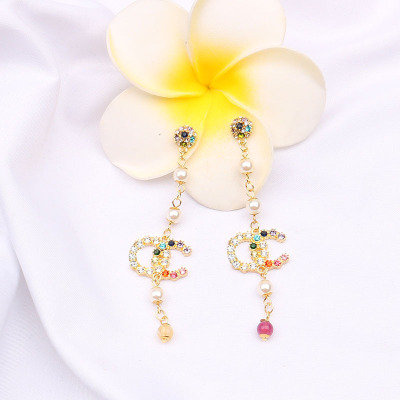 Refined Long Earrings Super Girl Pearl Double C Inlaid Color Diamond Tassel New Trendy Niche Earrings All-Match Earrings