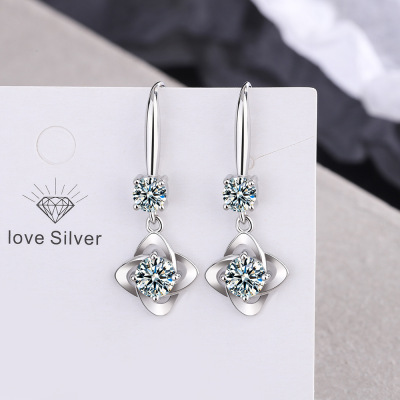 White Copper All-Match Inlaid Zirconium Diamond Internet Influencer Earrings Clover Earrings Eardrops Ear Drops Women's