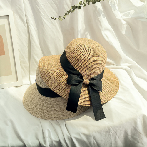 Summer Korean Fashion Ribbon Bowknot Women‘s Straw Hat Seaside Vacation Sun Protection Sunshade Foldable Beach Hat Women