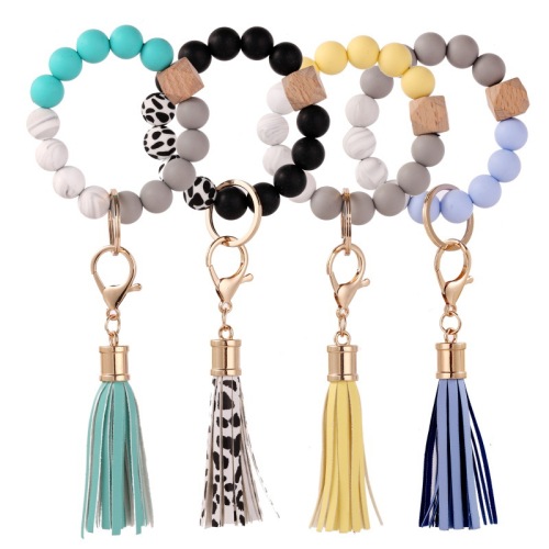 Amazon Silicone Beads Bracelet Amazon New Wooden Bead Bracelet Keychain Pendant Anti-Lost Bracelet Key Ring