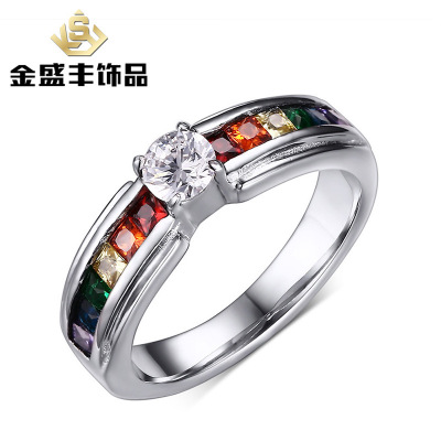 Colorful Accessories Female Inlaid Zircon Titanium Steel Color Ring Fashion Rainbow Ring Rings Ornament PR-008