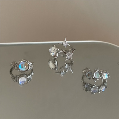 Minority Design Combination Set Mixed Ring Ins All-Match Opal Diamond-Embedded Eight-Pointed Stars Open Ring Female