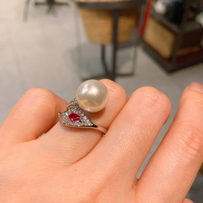 Stepped into Wish Australia Fritillary Open-End Pearl Ring Women's Wholesale Jewelry Red Corundum Pearl Combination