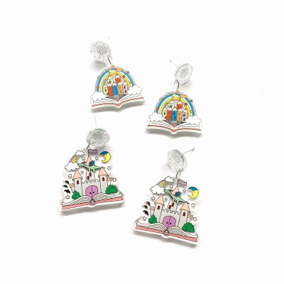 Creative Acrylic Printing Rainbow Book Color Crayon Castle Earrings Personalized Earrings Ins Style Popular Earrings