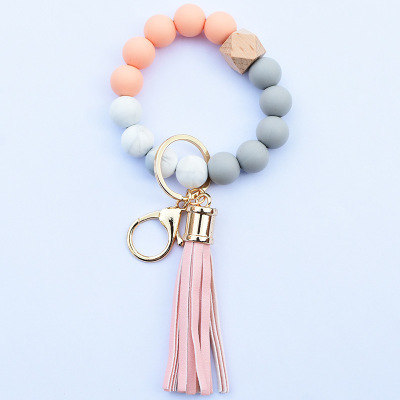 New Cross-Border Amazon Bracelet Key Ring Edible Silicon Beads Bracelet Leather Tassel Wooden Bead Key Chain for Women