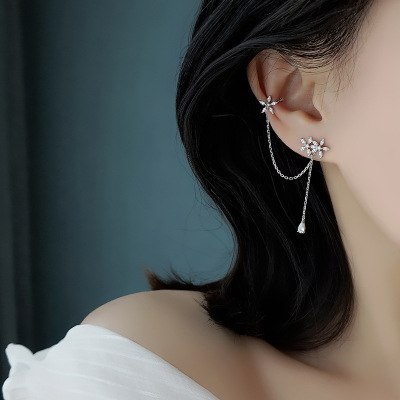 Sterling Silver Fairy Mori Style Flower Earrings Korean Graceful Online Influencer Chain Ear Clip Tassel Earrings Women