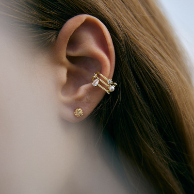 Golden Geometric Multi-Layer Ear Clip Women's French Retro Hollow Glittering Diamond Pearl Ear Clip Ins