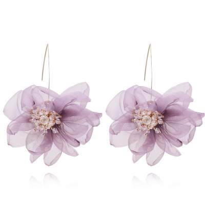 Elegant 2020 New Mesh Fairy Flower Crystal Earrings Korean Simple Personality Lace Temperament Ear Hook Women