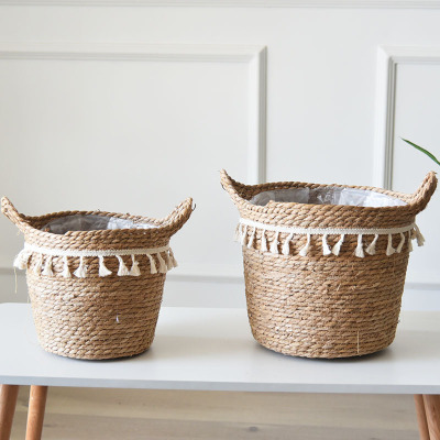 Tassel Nordic Rattan and Straw Woven Flower Basket Flower Pot Woven Basket Woven Bag Large Flower Pot Living Room Bonsai Monstera Deliciosa