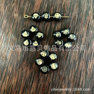 Black Micro Glass Bead Bronzing Printed Diamond Rose Smiley Bracelet Necklace DIY Semi-Finished Products Glass Bead Accessories