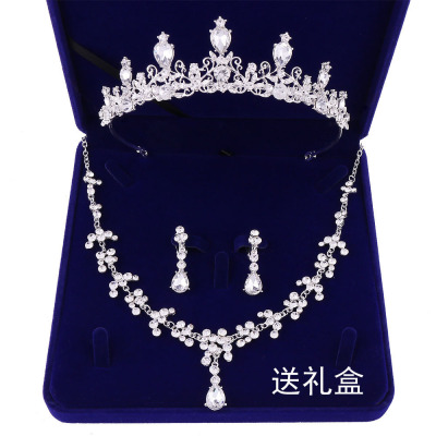 Style New Wedding Headdress Set Rhinestone-Encrusted Water Drop Crystal Crown Necklace Earrings Bridal Three-Piece Set