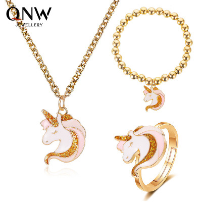 New Cartoon Jewelry Cute Unicorn Necklace Stretch Bracelet Ring Cross-Border Hot Sale Ornament Wholesale