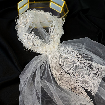 Super Mori Photography Retro Lace Decor Hat Bridal Wedding Dress Short Veil Korean Trip Shoot Style Wedding Veil