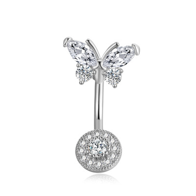 Ins Diamond-Embedded Butterfly Bottom round Zircon Navel Ring Navel Stud Belly Buckle Human Body Piercing Accessories