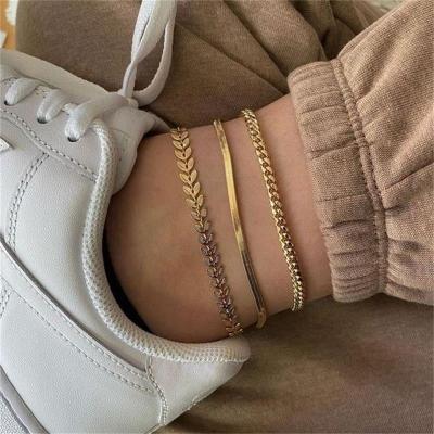 Cross-Border Alloy Anklet Set Women's Fashion Anklet Three-Piece Flat Snake Wheat Chain Combination Foot Ornaments