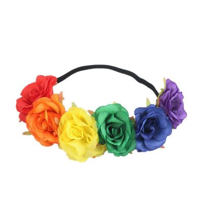 and American Artificial Rose Flower Elastic Ribbon Bridal Holiday Garland Headdress Flag Rainbow Color Hair Accessories