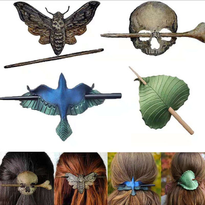 Death Moth/Skull Hairpin Halloween Imitation Wood Vintage Ornament Barrettes Hairpin Leaves Independent Station