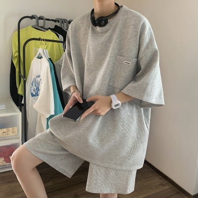 Sports Suit Men's T-shirt Trendy Korean Style Handsome Waffle Short Sleeve Summer Ins Fashion Brand Hong Kong Style Shorts Two-Piece Suit