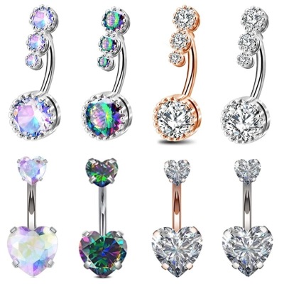 Stainless Steel Zircon Color Copper Clip Zircon Heart-Shaped Special Mining Belly Ring Navel Decoration Piercing Jewelry