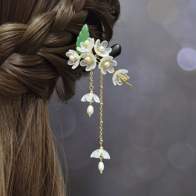 Style Jasmine Flower Wooden Hairpin Classical Pearl Linglan Flower Fresh Hanfu Court Retro Simple Updo Hair Accessories