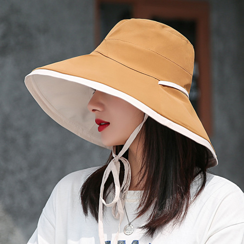 new Ins Style Fashion Big Brim Hat Solid Color Double-Sided Fisherman Hat Summer Simple Lace-up Sun Hat Spot Wholesale