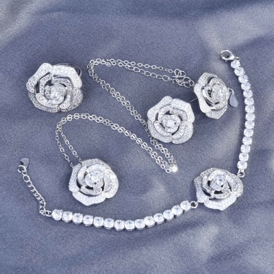 Elegant Lady Hollow Rose Necklace Camellia Stud Earrings Micro-Inlaid Open Ring Full Diamond Bracelet Set for Women