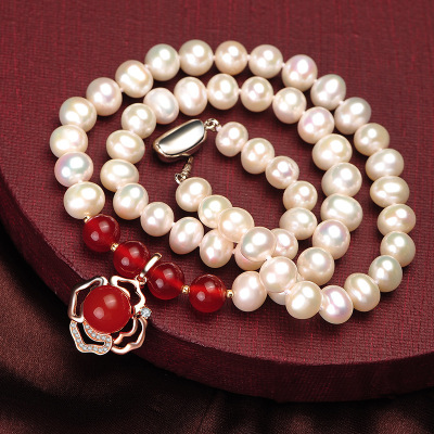 Dikou Carnation Rose Natural Freshwater Pearl Necklace Mother Rose Red Agate Pendant