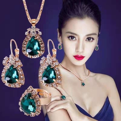 Manufacturer Ins Water Drop Full Diamond Necklace Earrings Ring Set Shiny Bridal Necklace Jewelry Set