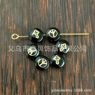 Black Micro Glass Bead Bronzing Printed Cross and Peace Bracelet Necklace DIY Semi-Finished Products Glass Bead Accessories